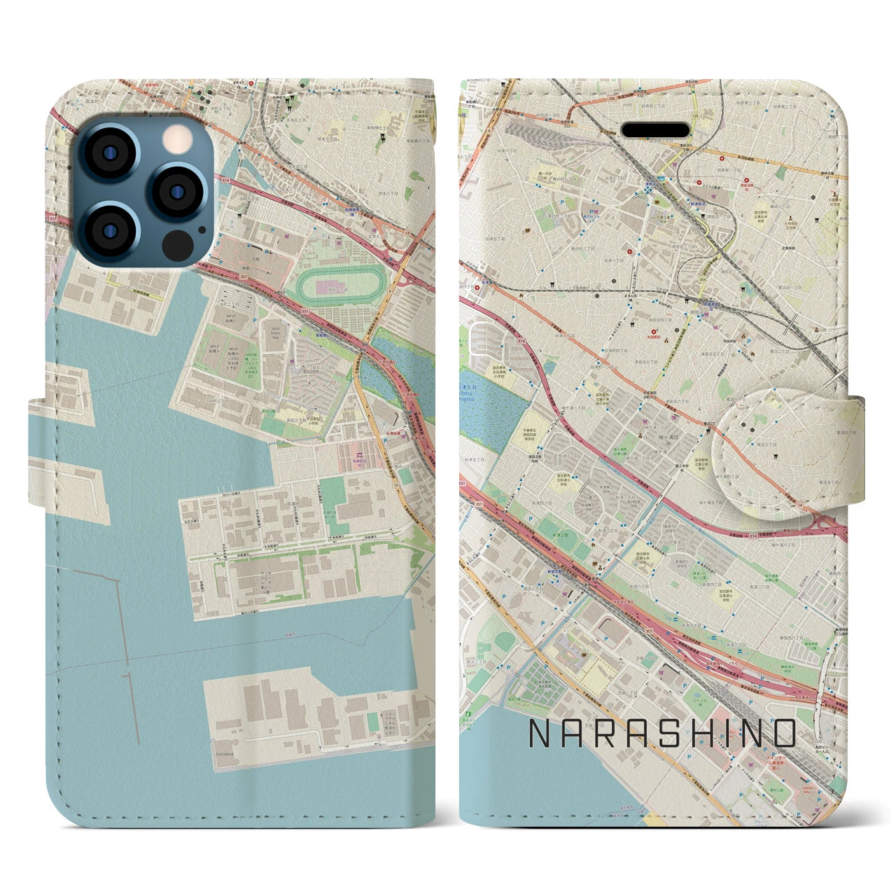 【習志野(千葉県)】地図柄iPhoneケース(手帳タイプ)ナチュラル・iPhone 12 / 12 Pro 用