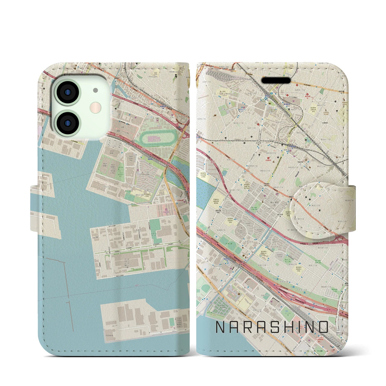 【習志野(千葉県)】地図柄iPhoneケース(手帳タイプ)ナチュラル・iPhone 12 mini 用