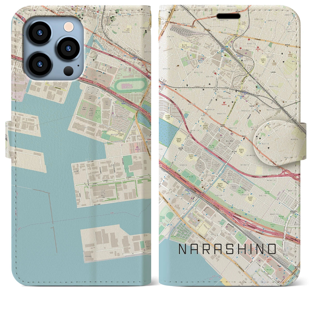 【習志野(千葉県)】地図柄iPhoneケース(手帳タイプ)ナチュラル・iPhone 13 Pro Max 用