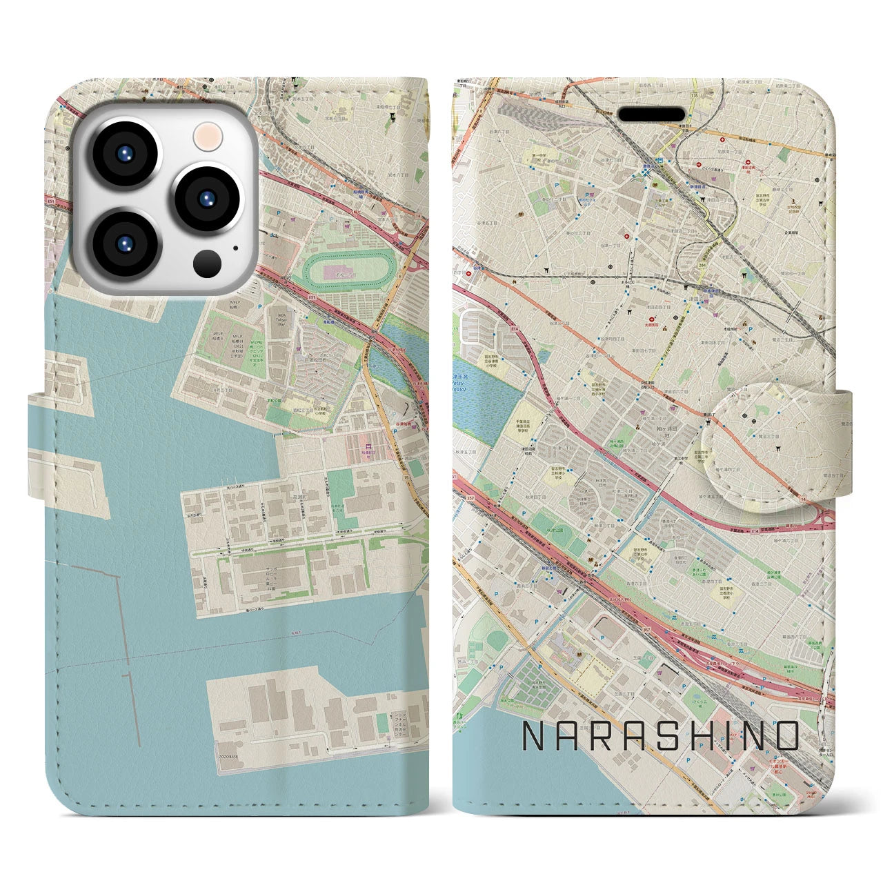 【習志野(千葉県)】地図柄iPhoneケース(手帳タイプ)ナチュラル・iPhone 13 Pro 用
