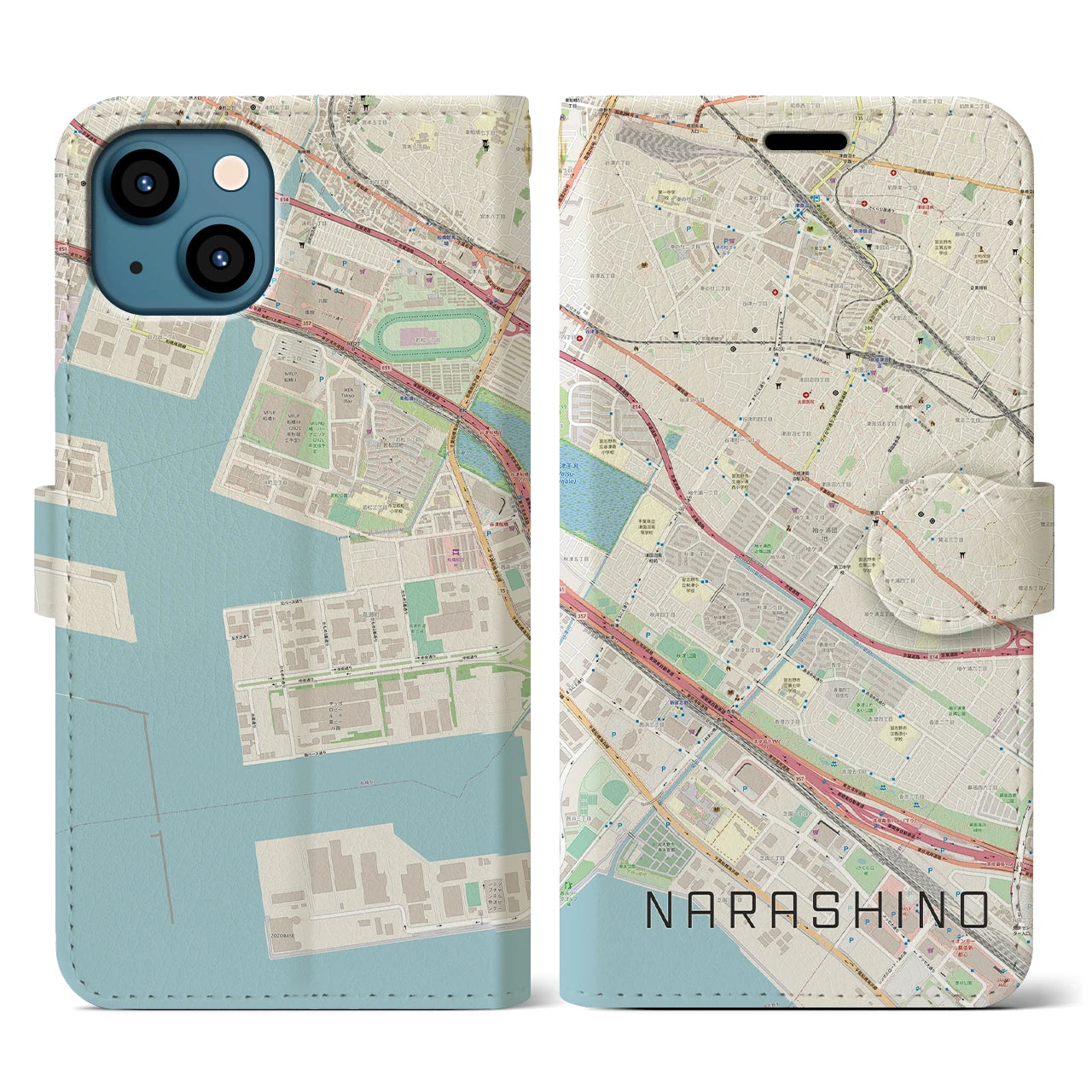 【習志野(千葉県)】地図柄iPhoneケース(手帳タイプ)ナチュラル・iPhone 13 用