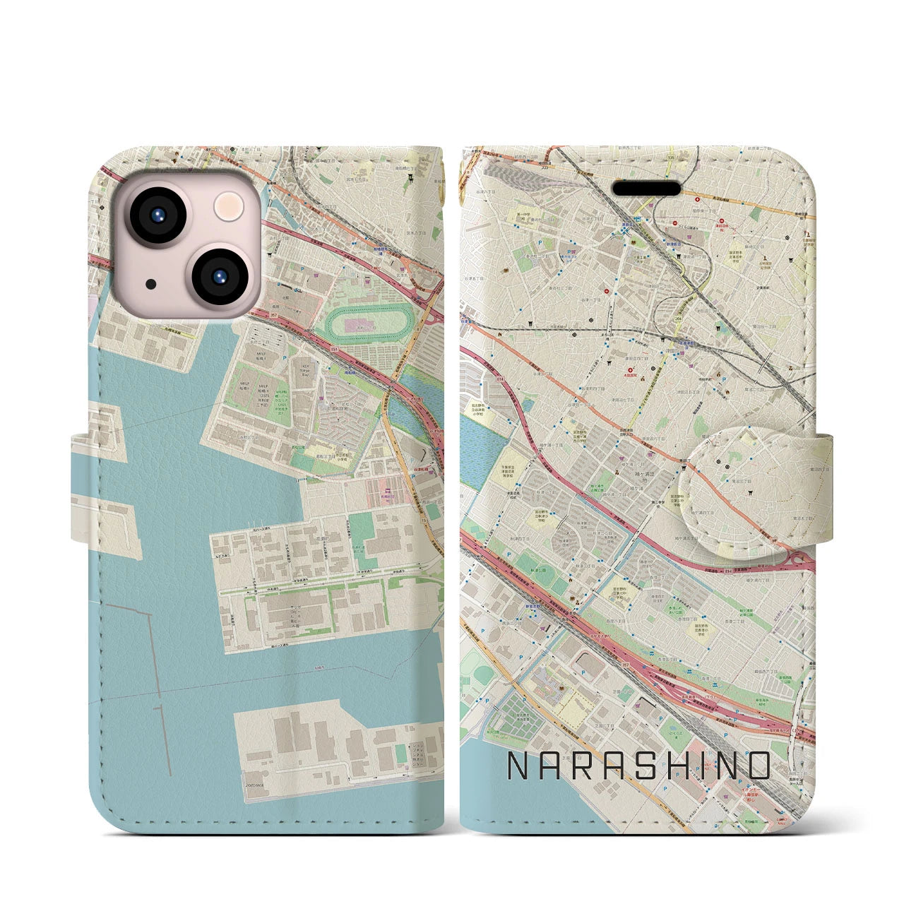 【習志野(千葉県)】地図柄iPhoneケース(手帳タイプ)ナチュラル・iPhone 13 mini 用