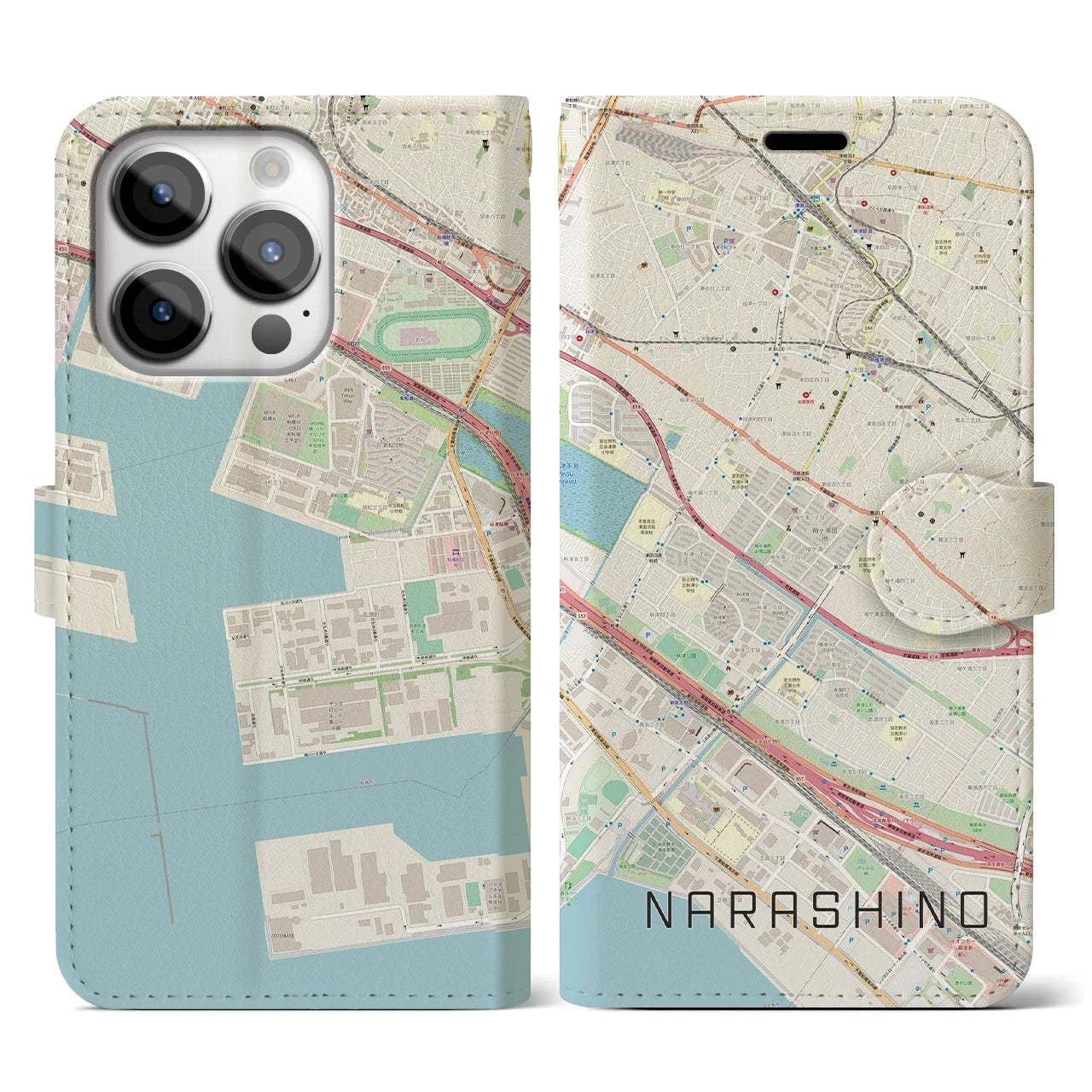 【習志野(千葉県)】地図柄iPhoneケース(手帳タイプ)ナチュラル・iPhone 14 Pro 用