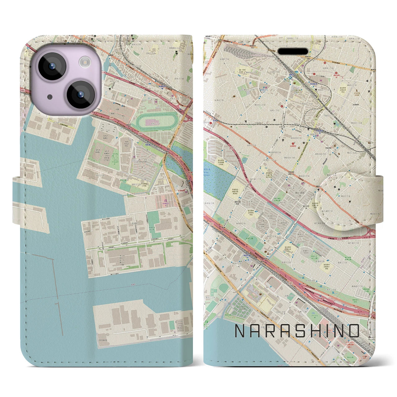 【習志野(千葉県)】地図柄iPhoneケース(手帳タイプ)ナチュラル・iPhone 14 用