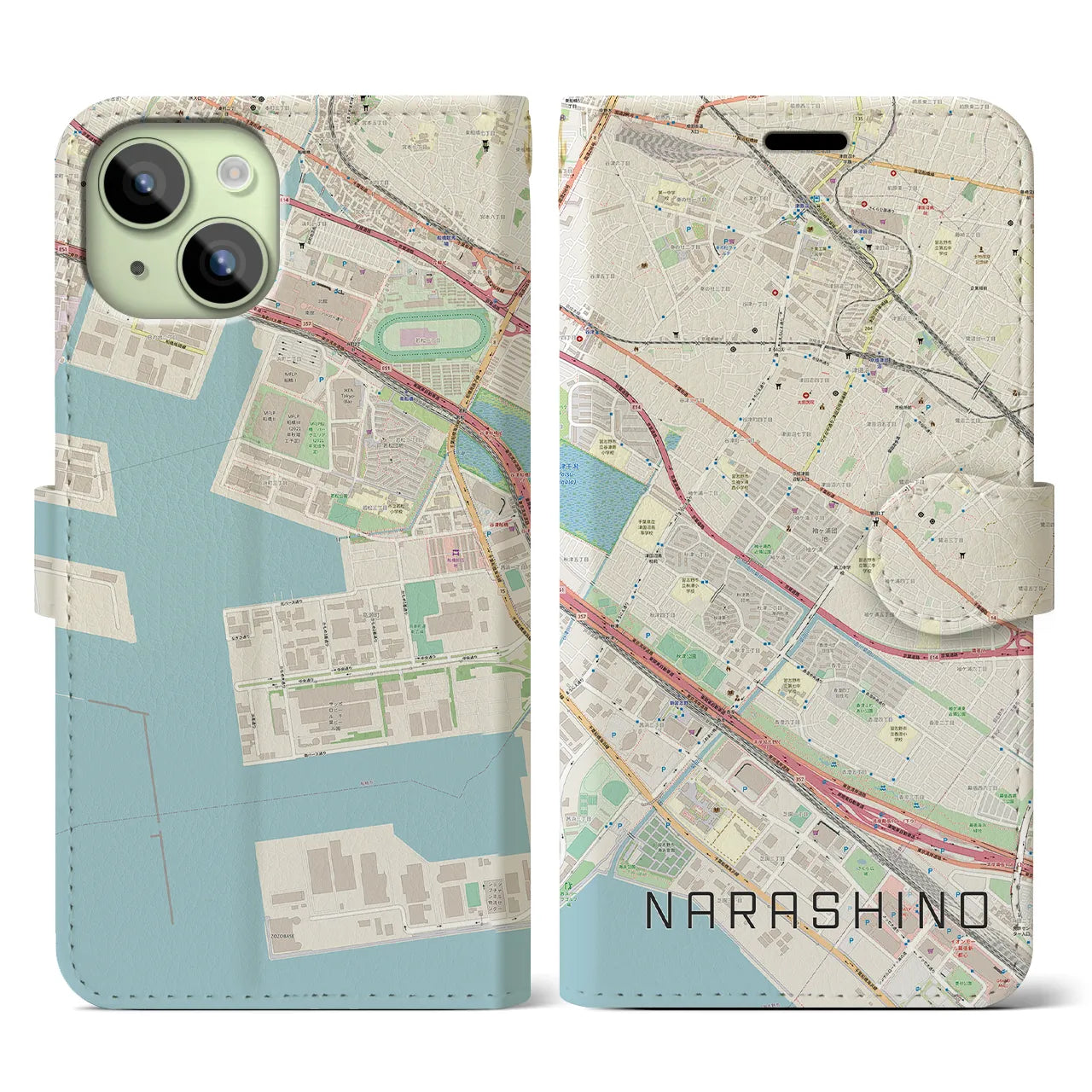 【習志野(千葉県)】地図柄iPhoneケース(手帳タイプ)ナチュラル・iPhone 15 用