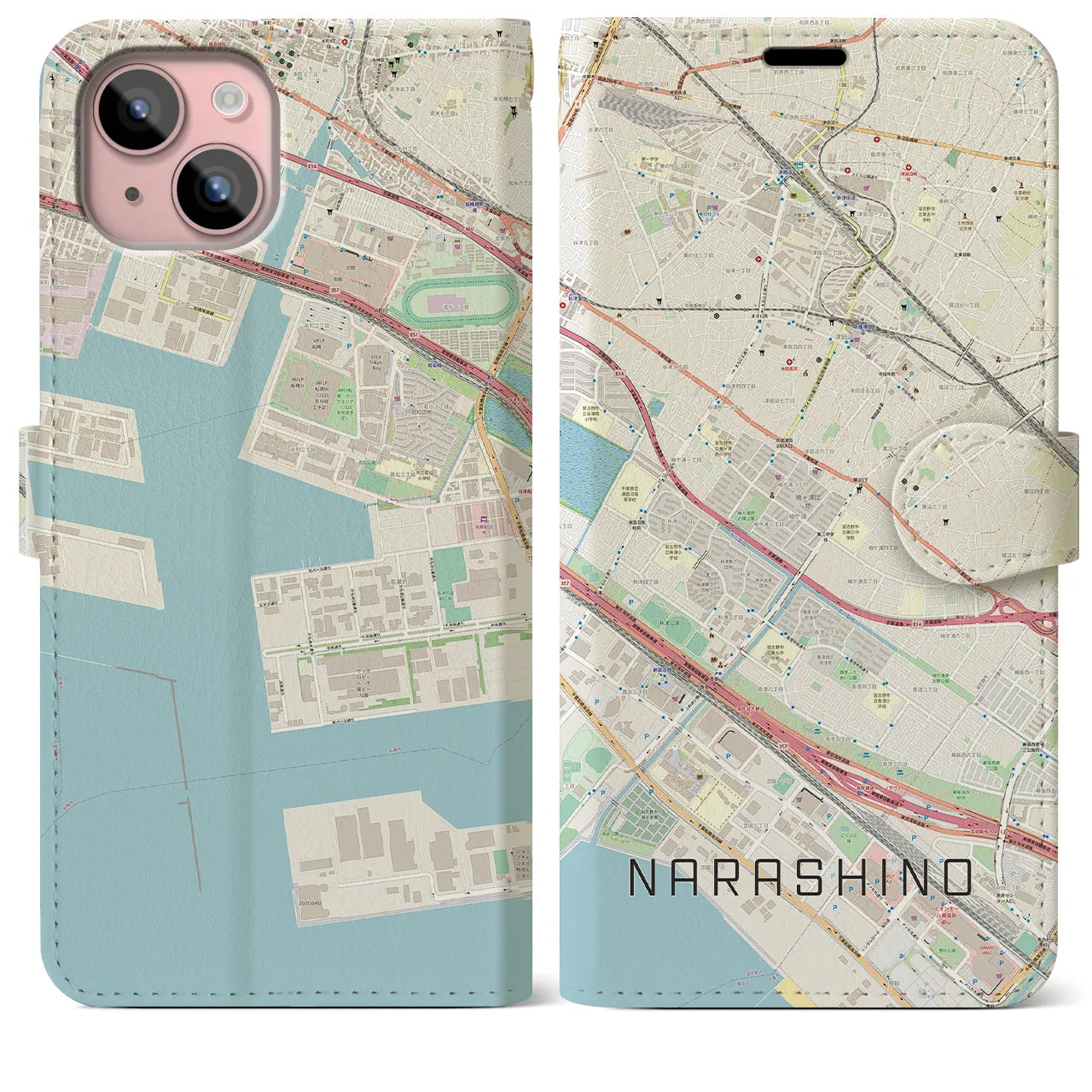 【習志野(千葉県)】地図柄iPhoneケース(手帳タイプ)ナチュラル・iPhone 15 Plus 用