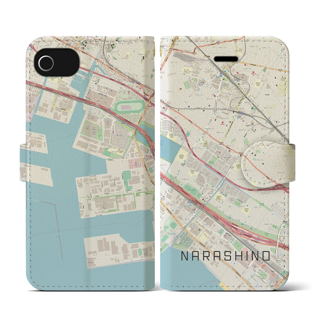 【習志野(千葉県)】地図柄iPhoneケース(手帳タイプ)ナチュラル・iPhone SE(第3 / 第2世代) / 8 / 7 / 6s / 6 用