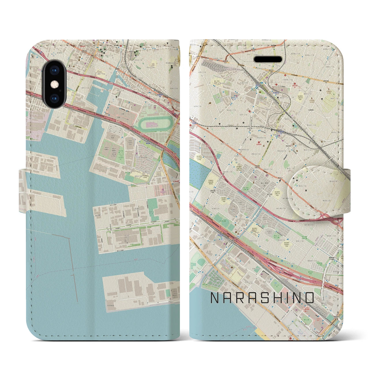 【習志野(千葉県)】地図柄iPhoneケース(手帳タイプ)ナチュラル・iPhone XS / X 用