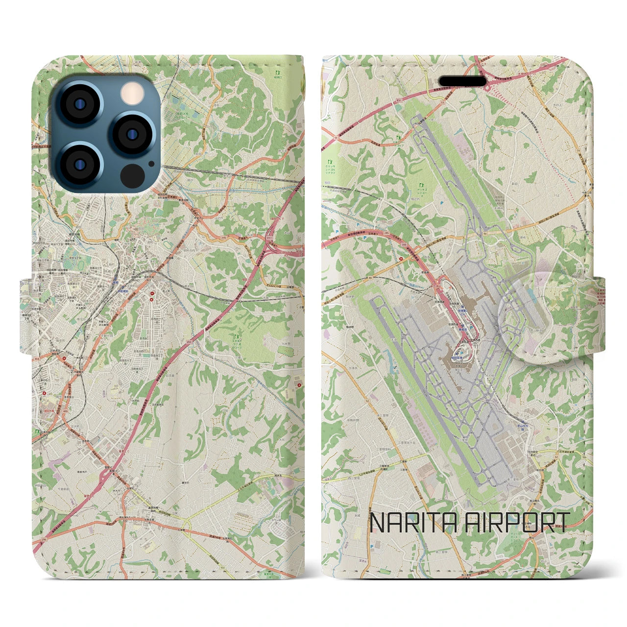 【成田空港(千葉県)】地図柄iPhoneケース(手帳タイプ)ナチュラル・iPhone 12 / 12 Pro 用