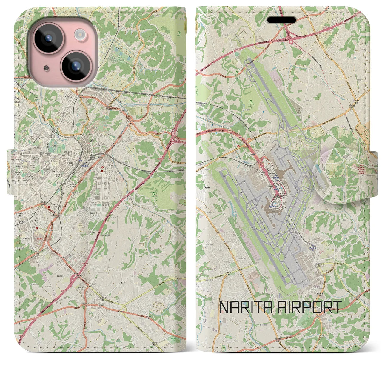 【成田空港(千葉県)】地図柄iPhoneケース(手帳タイプ)ナチュラル・iPhone 15 Plus 用
