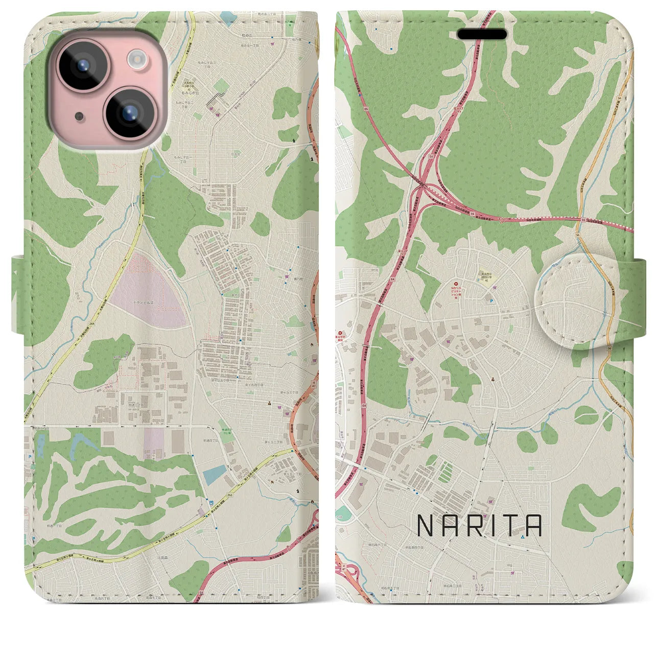 【成田(宮城県)】地図柄iPhoneケース(手帳タイプ)ナチュラル・iPhone 15 Plus 用