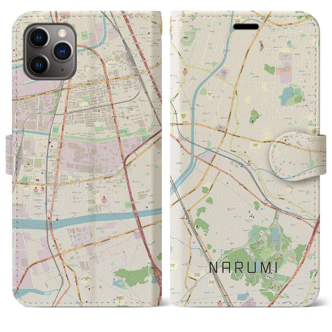【鳴海(愛知県)】地図柄iPhoneケース(手帳タイプ)ナチュラル・iPhone 11 Pro Max 用