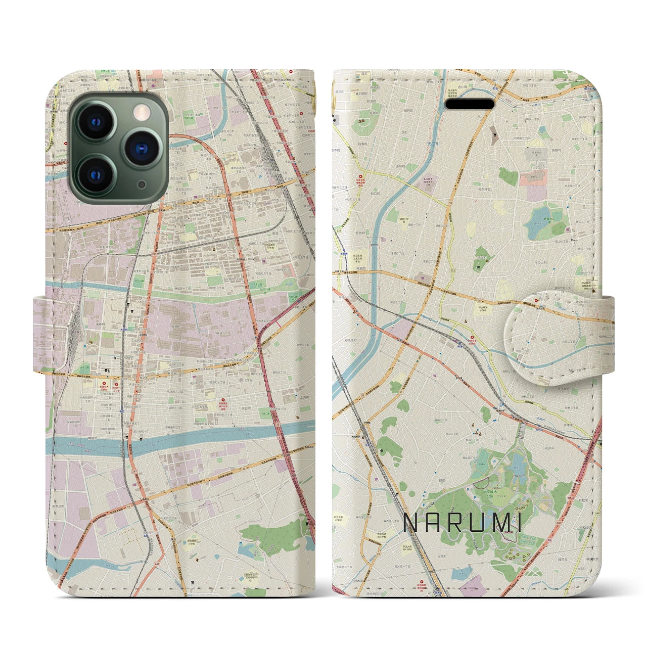 【鳴海(愛知県)】地図柄iPhoneケース(手帳タイプ)ナチュラル・iPhone 11 Pro 用