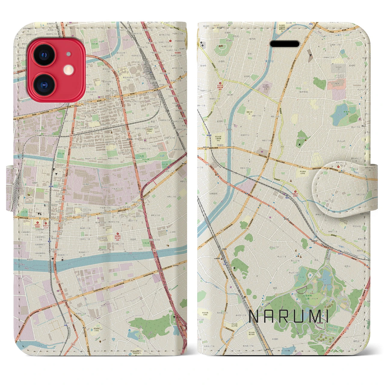 【鳴海(愛知県)】地図柄iPhoneケース(手帳タイプ)ナチュラル・iPhone 11 用