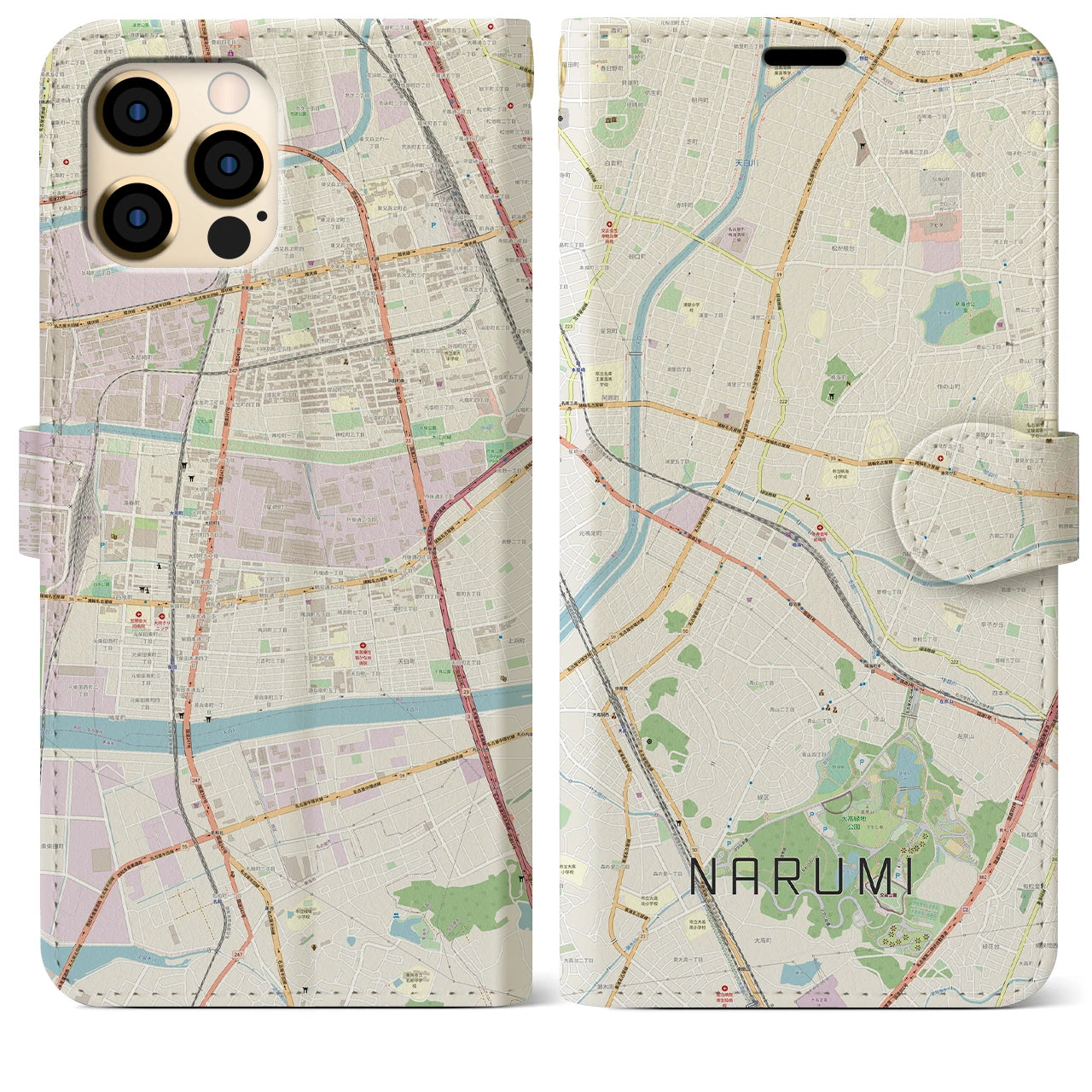 【鳴海(愛知県)】地図柄iPhoneケース(手帳タイプ)ナチュラル・iPhone 12 Pro Max 用