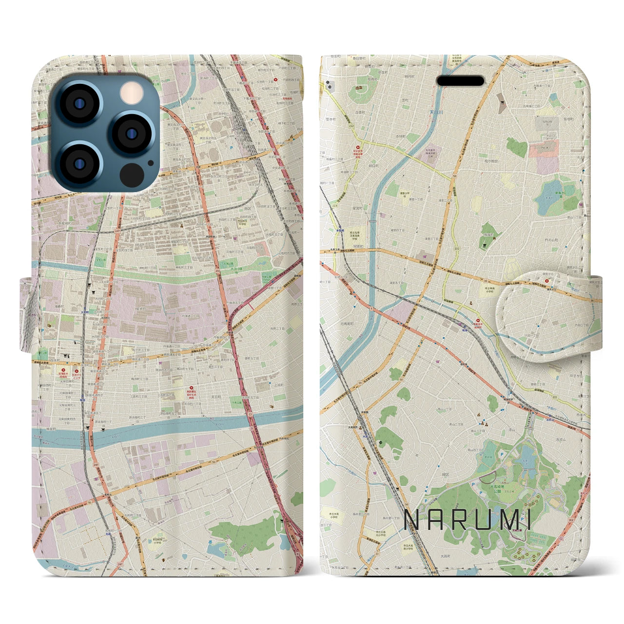 【鳴海(愛知県)】地図柄iPhoneケース(手帳タイプ)ナチュラル・iPhone 12 / 12 Pro 用