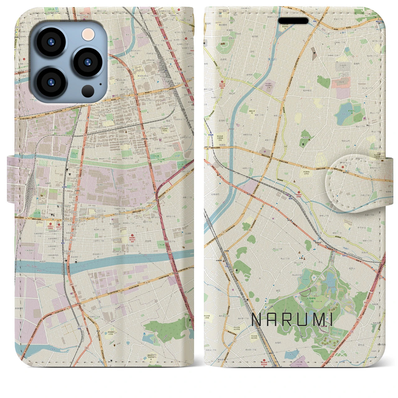 【鳴海(愛知県)】地図柄iPhoneケース(手帳タイプ)ナチュラル・iPhone 13 Pro Max 用