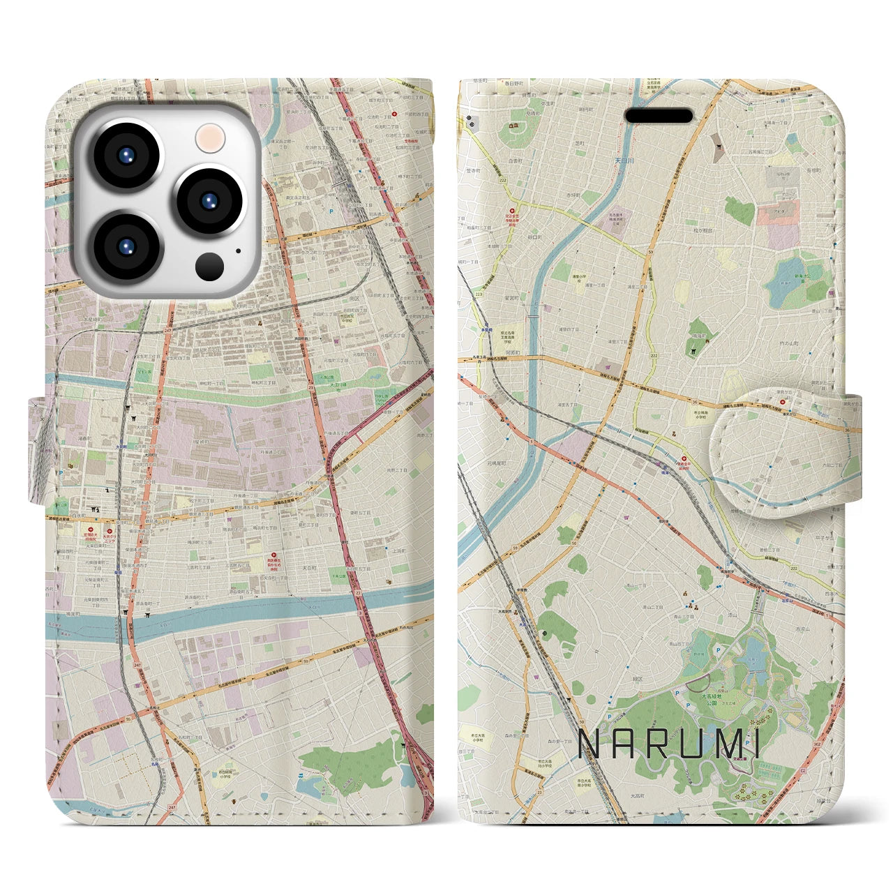 【鳴海(愛知県)】地図柄iPhoneケース(手帳タイプ)ナチュラル・iPhone 13 Pro 用
