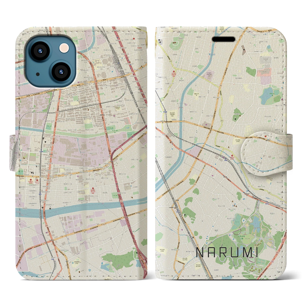 【鳴海(愛知県)】地図柄iPhoneケース(手帳タイプ)ナチュラル・iPhone 13 用