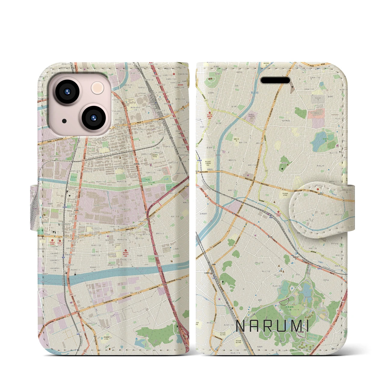 【鳴海(愛知県)】地図柄iPhoneケース(手帳タイプ)ナチュラル・iPhone 13 mini 用