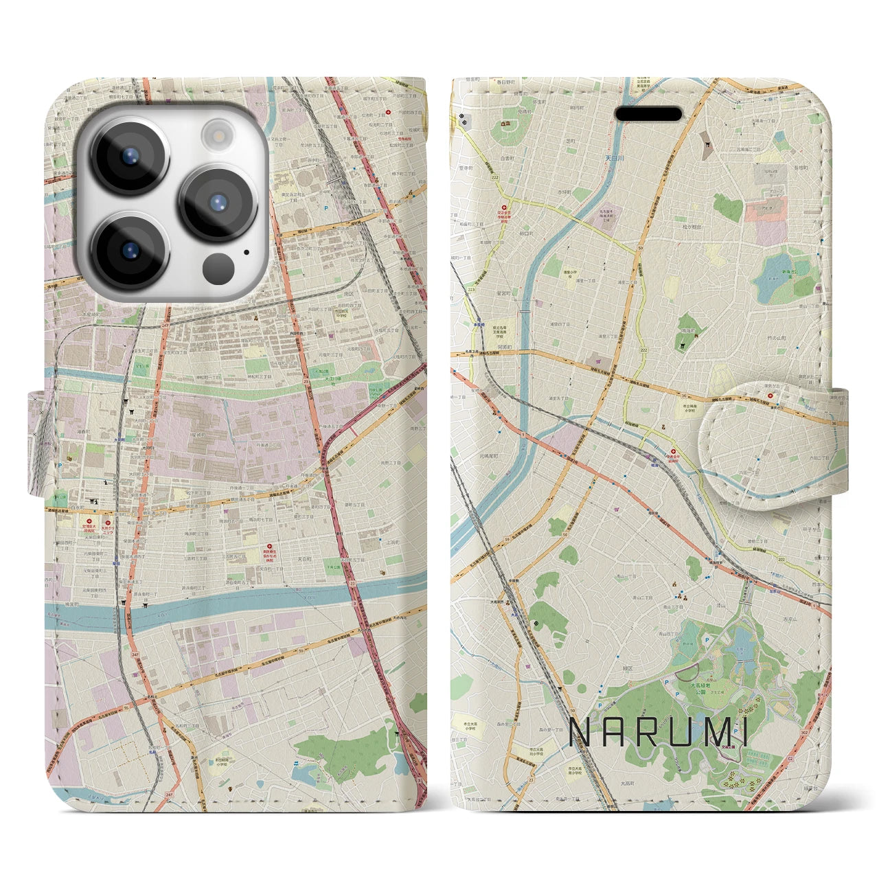 【鳴海(愛知県)】地図柄iPhoneケース(手帳タイプ)ナチュラル・iPhone 14 Pro 用