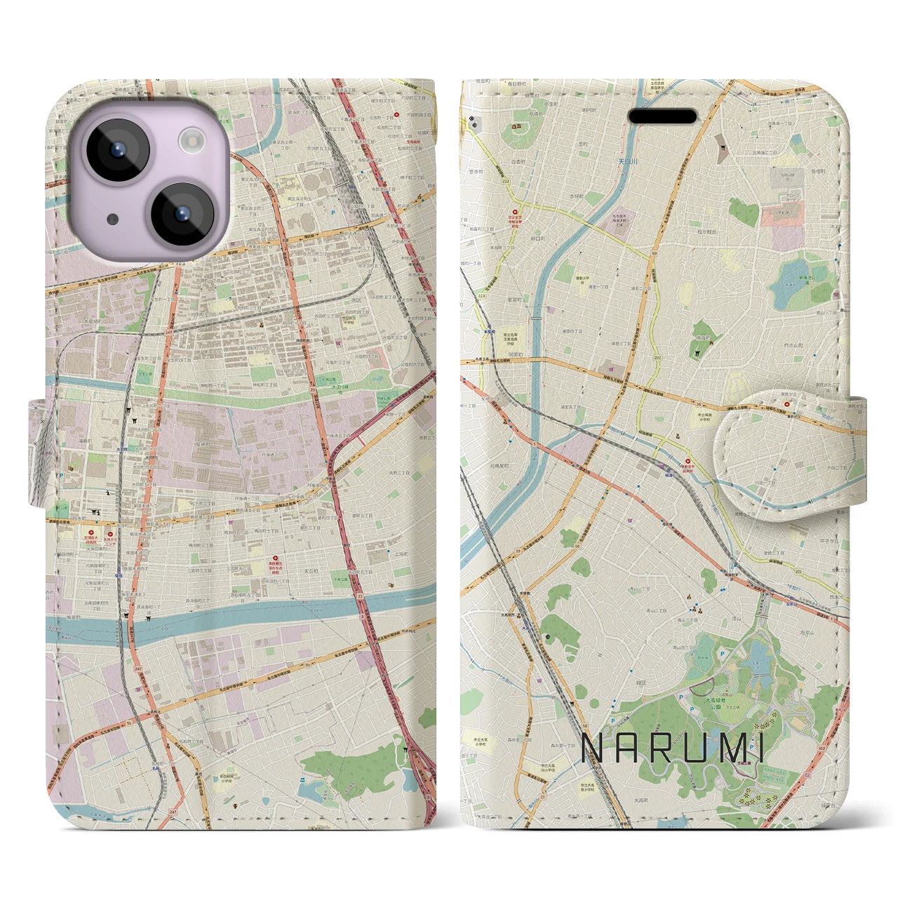 【鳴海(愛知県)】地図柄iPhoneケース(手帳タイプ)ナチュラル・iPhone 14 用