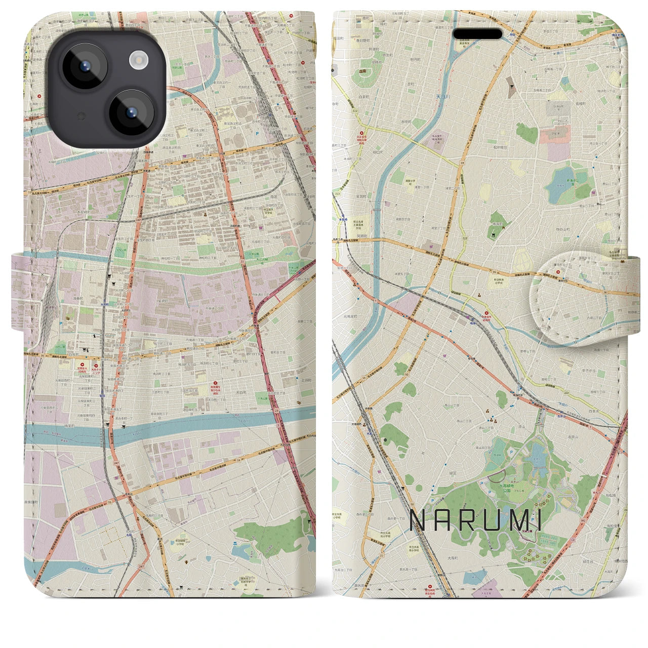 【鳴海(愛知県)】地図柄iPhoneケース(手帳タイプ)ナチュラル・iPhone 14 Plus 用