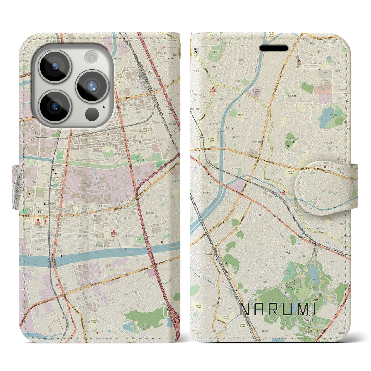 【鳴海(愛知県)】地図柄iPhoneケース(手帳タイプ)ナチュラル・iPhone 15 Pro 用
