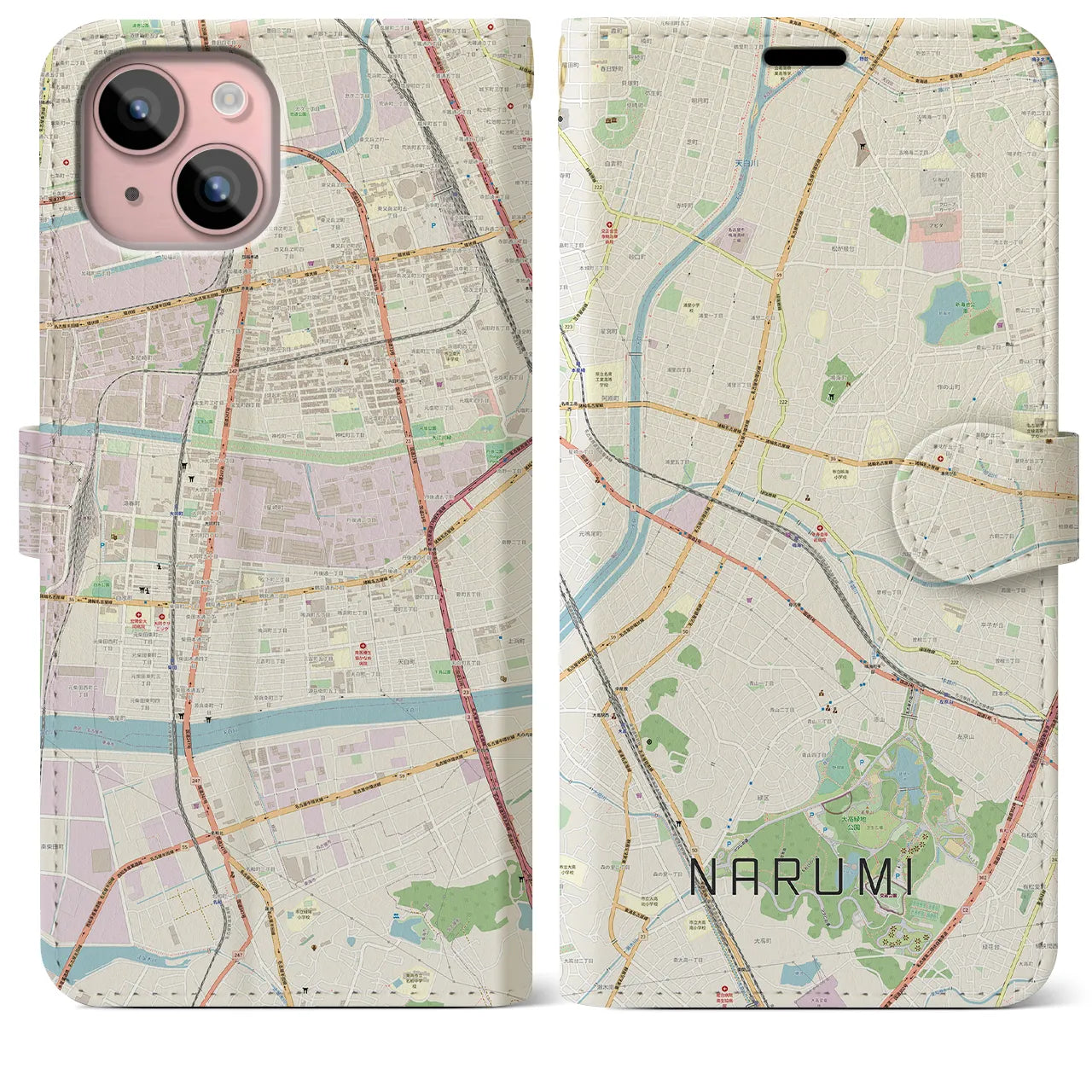 【鳴海(愛知県)】地図柄iPhoneケース(手帳タイプ)ナチュラル・iPhone 15 Plus 用