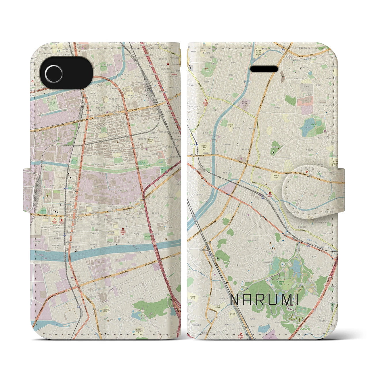【鳴海(愛知県)】地図柄iPhoneケース(手帳タイプ)ナチュラル・iPhone SE(第3 / 第2世代) / 8 / 7 / 6s / 6 用