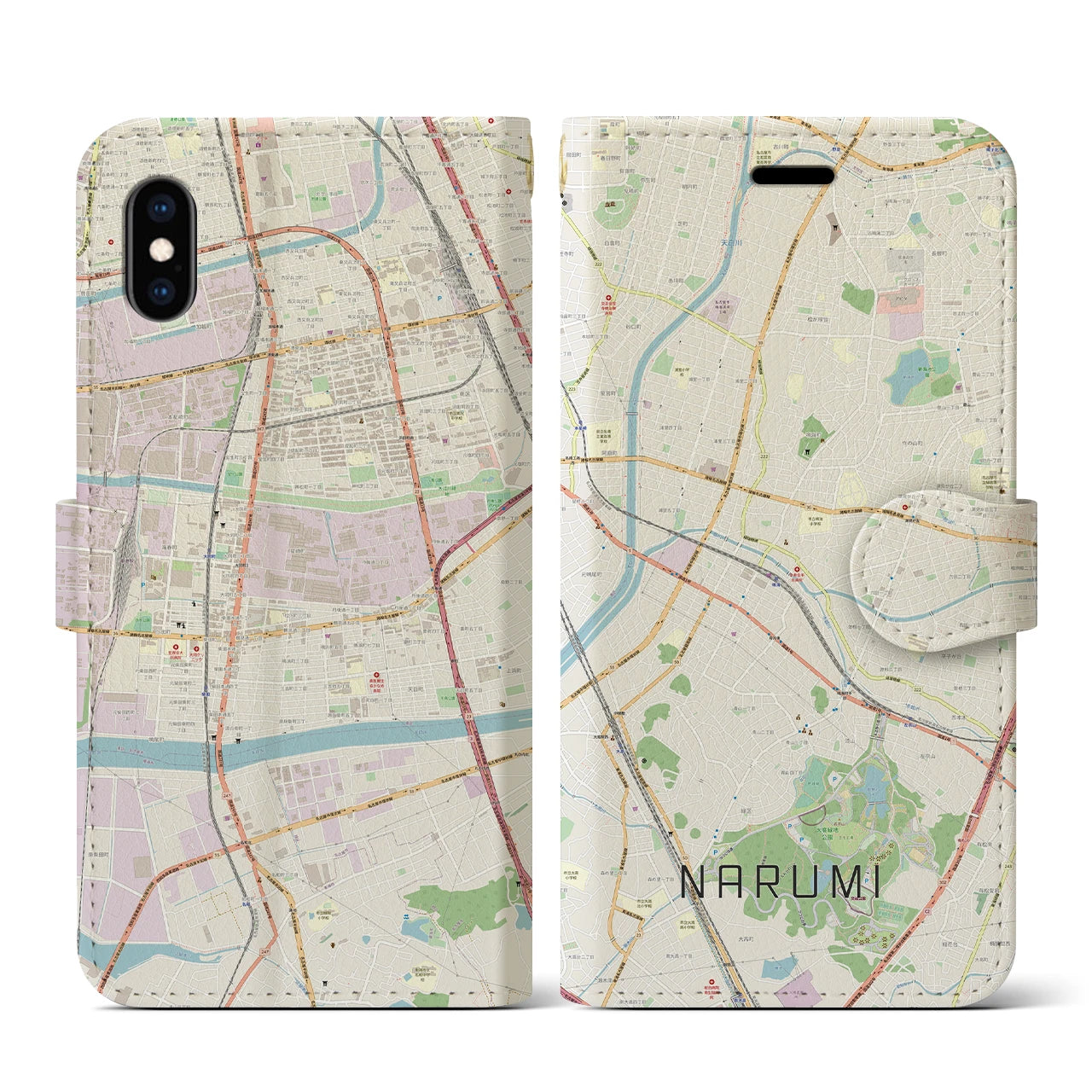 【鳴海(愛知県)】地図柄iPhoneケース(手帳タイプ)ナチュラル・iPhone XS / X 用