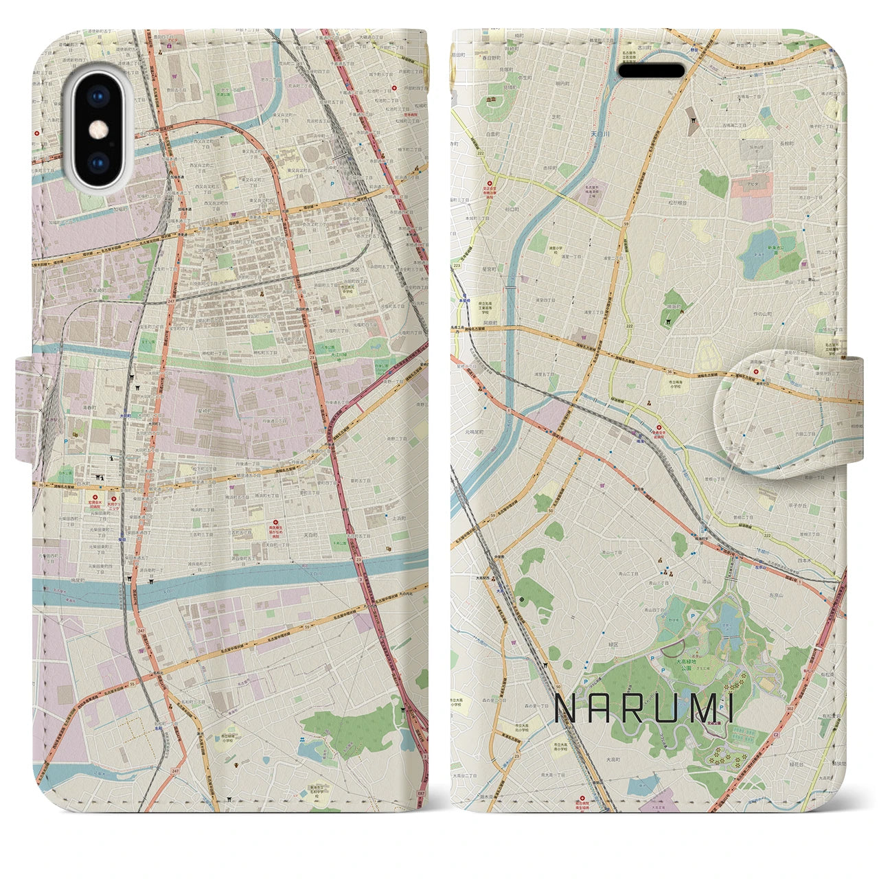 【鳴海(愛知県)】地図柄iPhoneケース(手帳タイプ)ナチュラル・iPhone XS Max 用