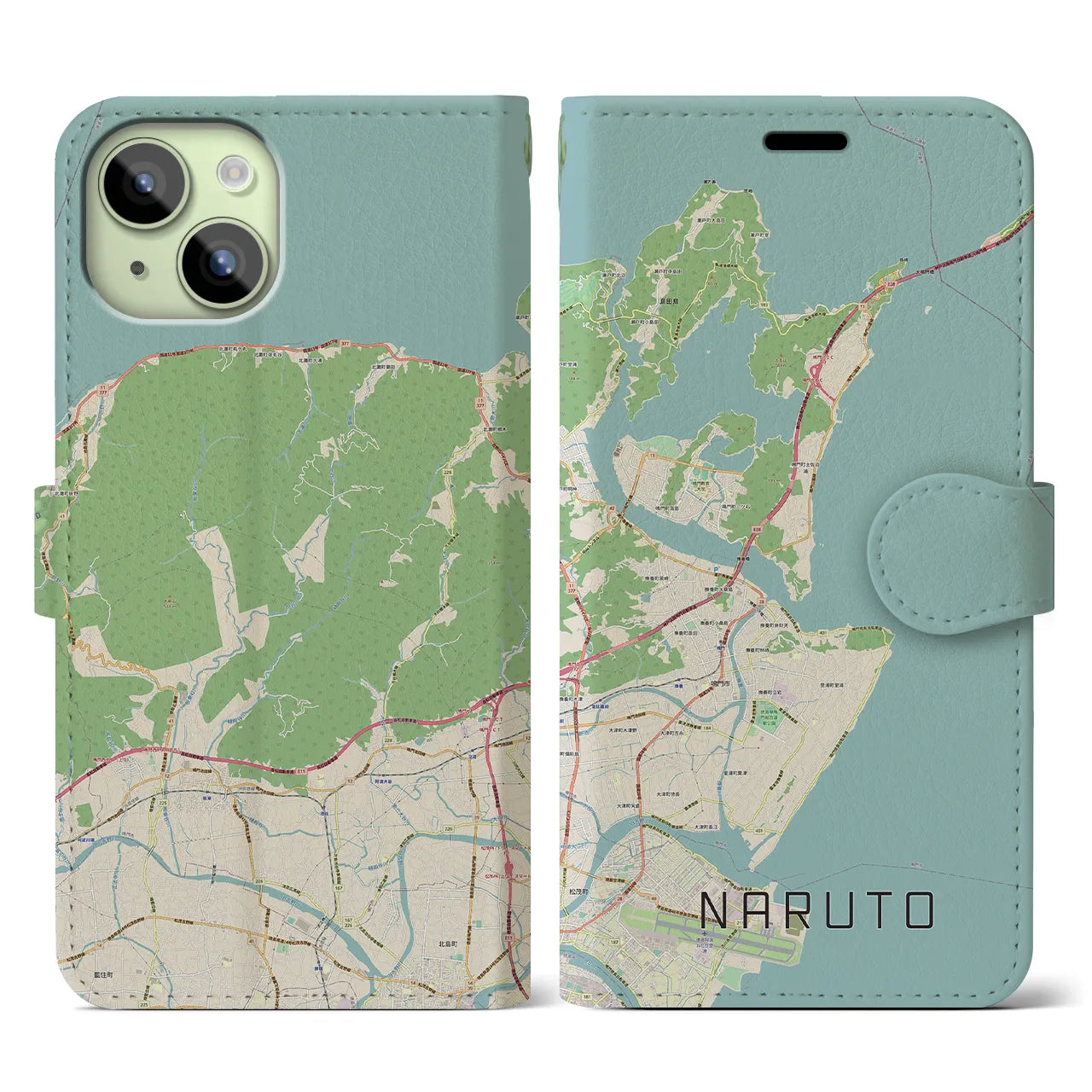 【鳴門(徳島県)】地図柄iPhoneケース(手帳タイプ)ナチュラル・iPhone 15 用