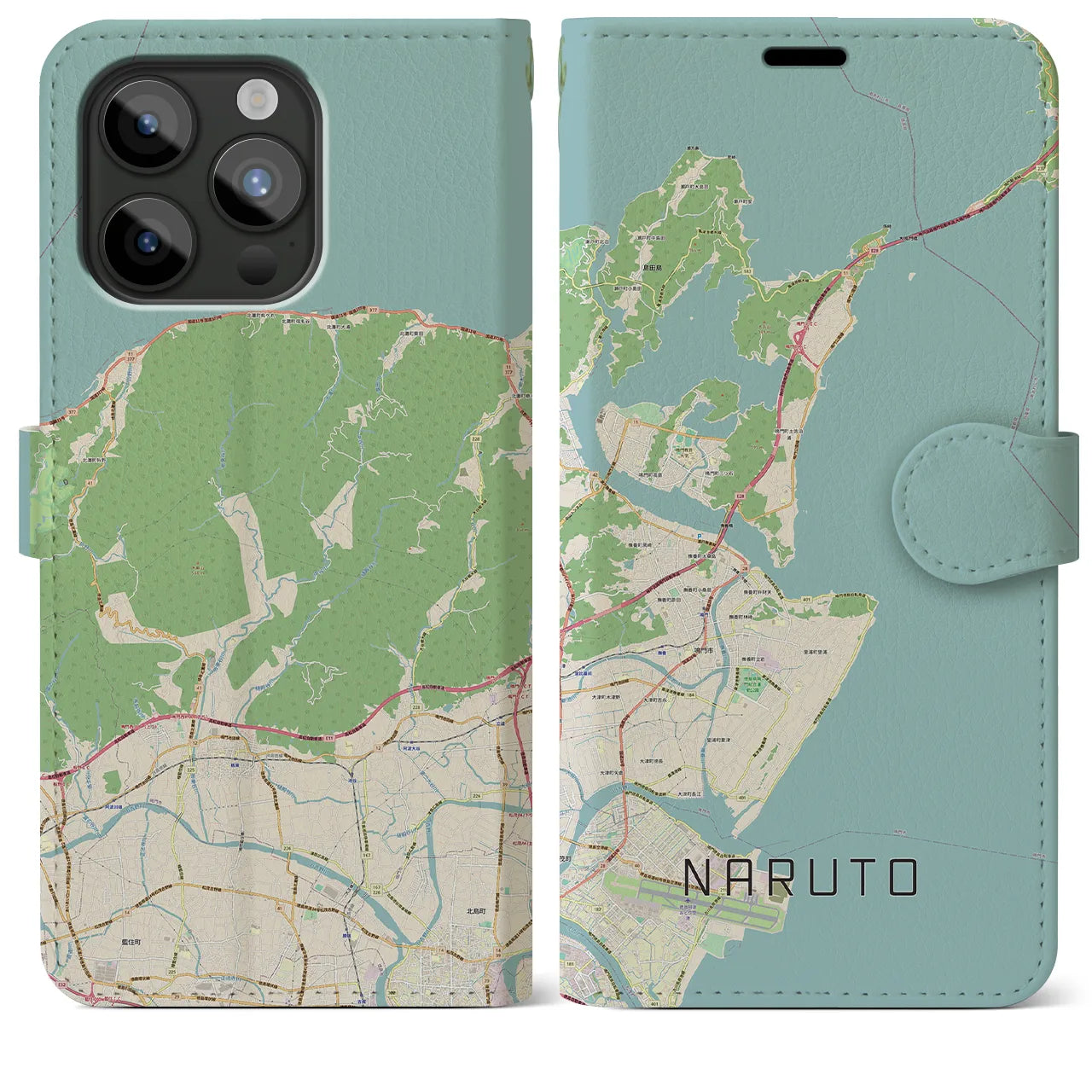 【鳴門(徳島県)】地図柄iPhoneケース(手帳タイプ)ナチュラル・iPhone 15 Pro Max 用