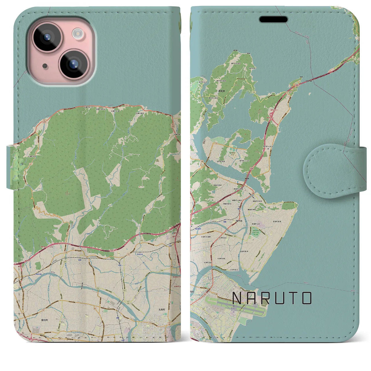 【鳴門(徳島県)】地図柄iPhoneケース(手帳タイプ)ナチュラル・iPhone 15 Plus 用