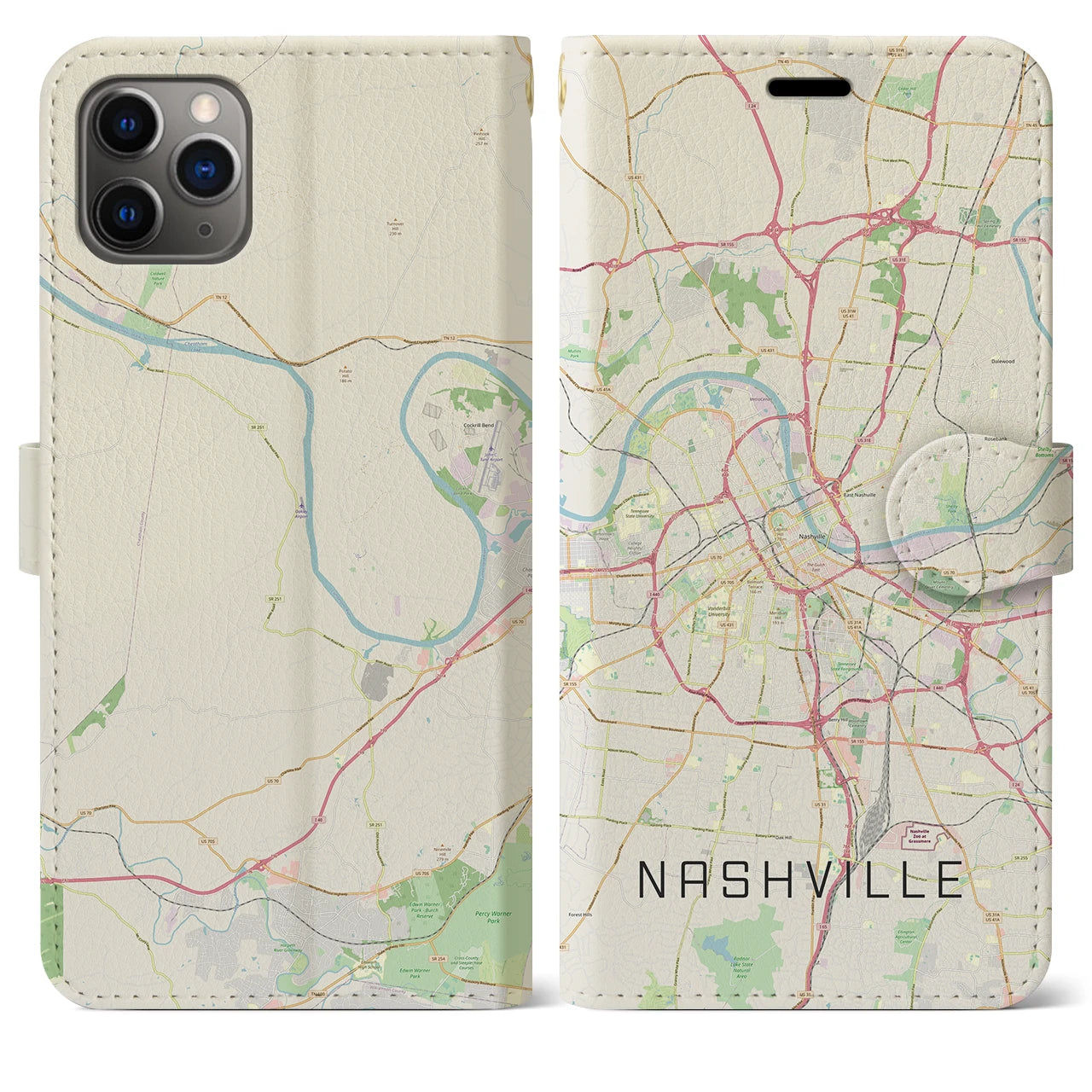 【ナッシュビル(アメリカ)】地図柄iPhoneケース(手帳タイプ)ナチュラル・iPhone 11 Pro Max 用