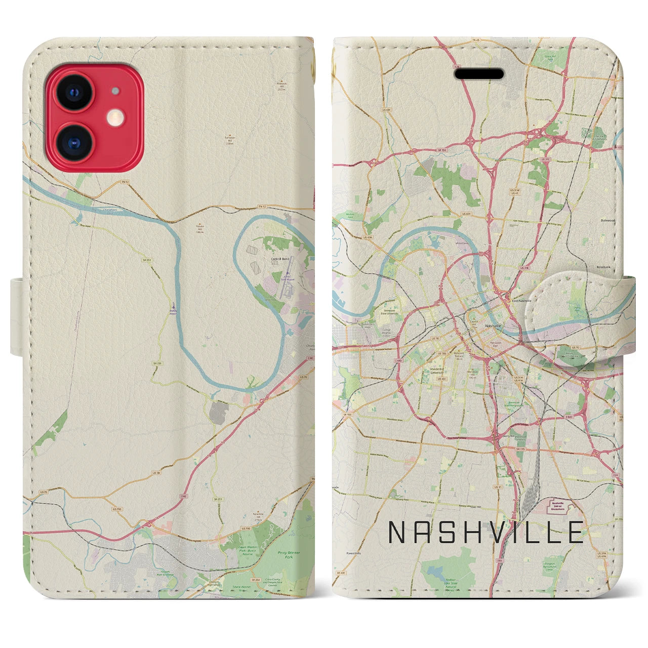 【ナッシュビル(アメリカ)】地図柄iPhoneケース(手帳タイプ)ナチュラル・iPhone 11 用