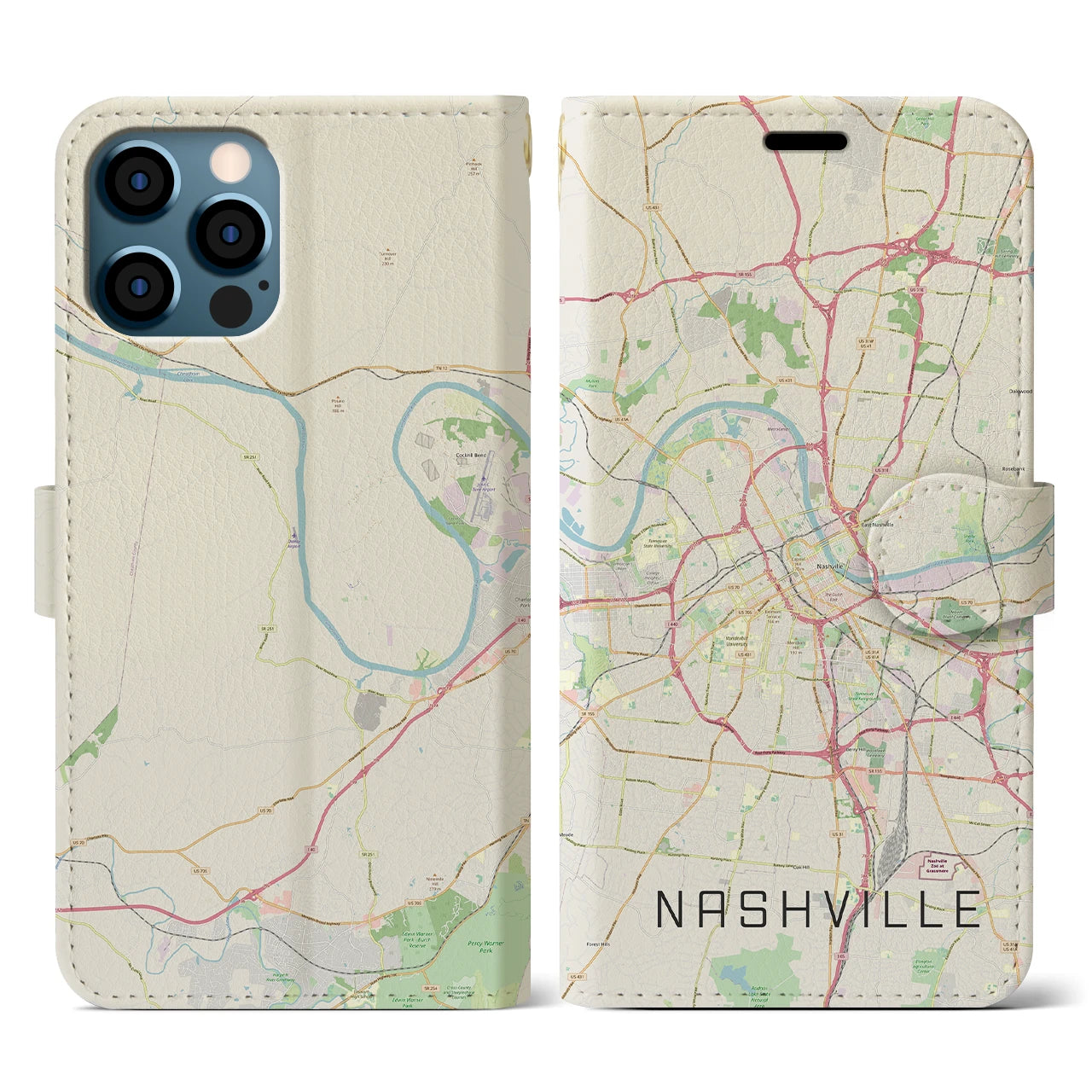 【ナッシュビル(アメリカ)】地図柄iPhoneケース(手帳タイプ)ナチュラル・iPhone 12 / 12 Pro 用