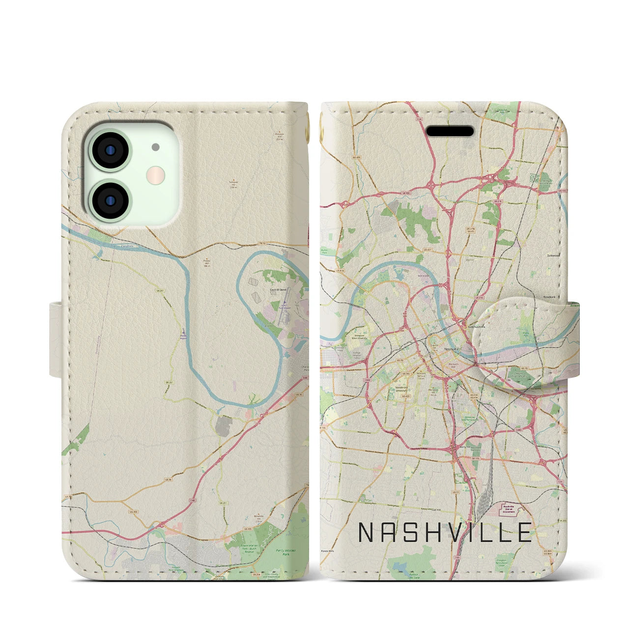 【ナッシュビル(アメリカ)】地図柄iPhoneケース(手帳タイプ)ナチュラル・iPhone 12 mini 用