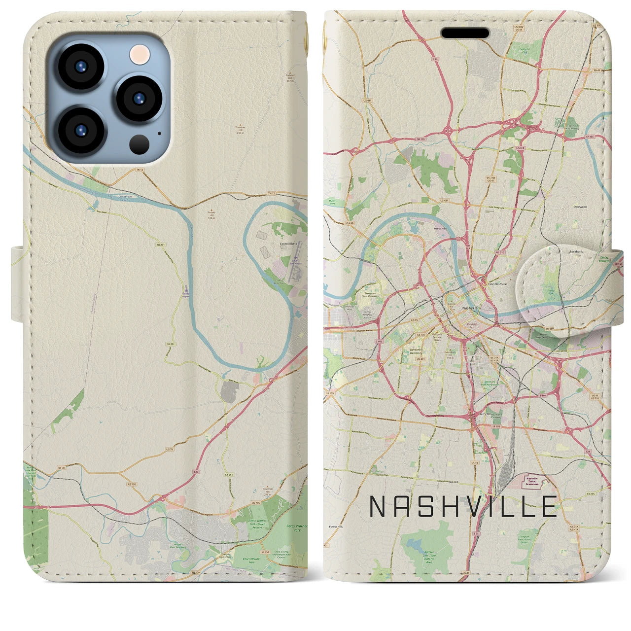 【ナッシュビル(アメリカ)】地図柄iPhoneケース(手帳タイプ)ナチュラル・iPhone 13 Pro Max 用