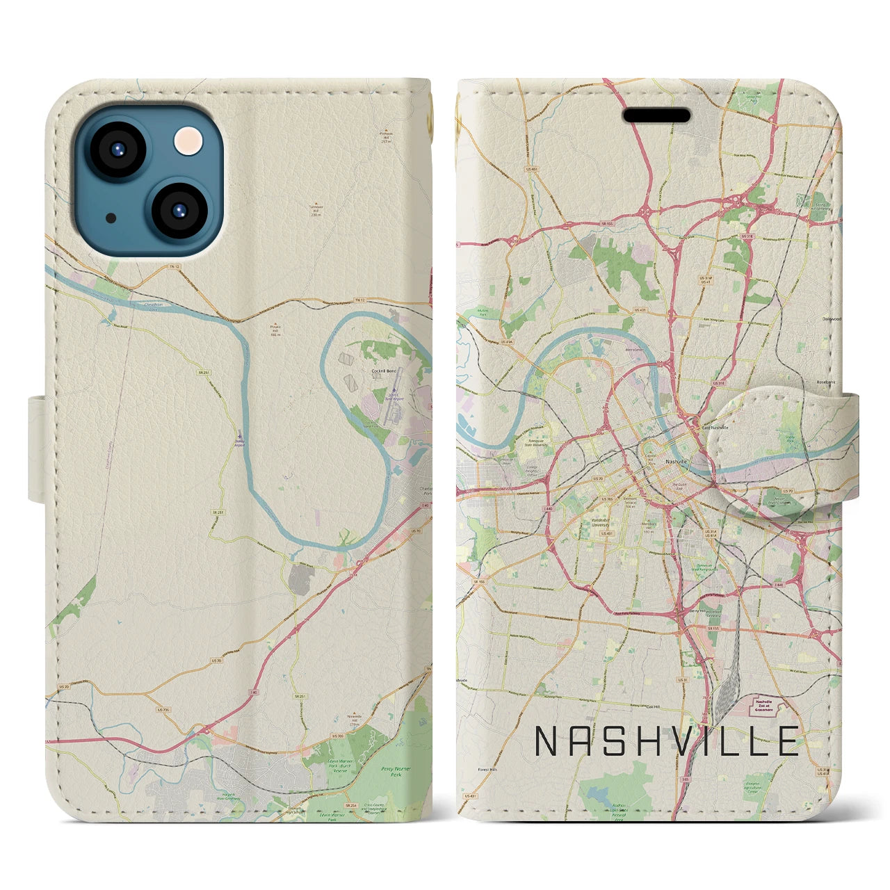 【ナッシュビル(アメリカ)】地図柄iPhoneケース(手帳タイプ)ナチュラル・iPhone 13 用