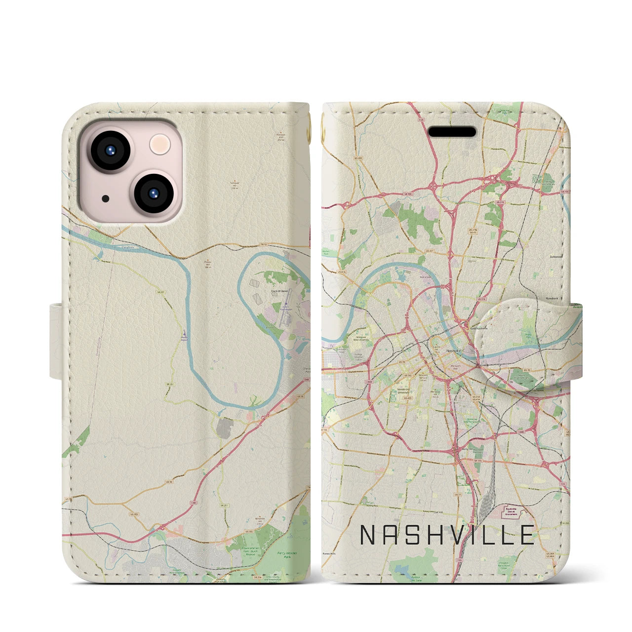 【ナッシュビル(アメリカ)】地図柄iPhoneケース(手帳タイプ)ナチュラル・iPhone 13 mini 用