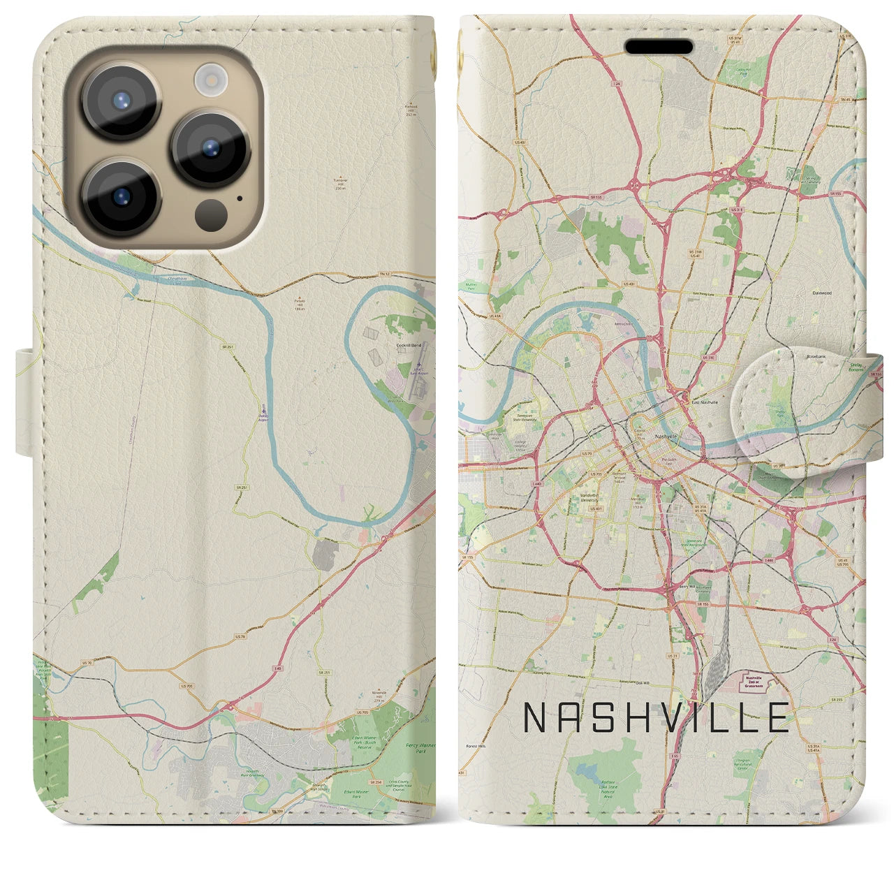 【ナッシュビル(アメリカ)】地図柄iPhoneケース(手帳タイプ)ナチュラル・iPhone 14 Pro Max 用