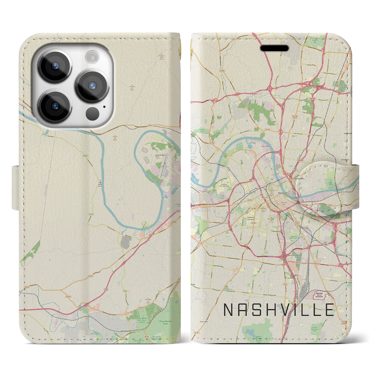 【ナッシュビル(アメリカ)】地図柄iPhoneケース(手帳タイプ)ナチュラル・iPhone 14 Pro 用