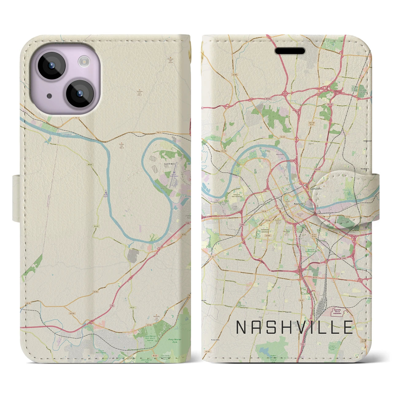 【ナッシュビル(アメリカ)】地図柄iPhoneケース(手帳タイプ)ナチュラル・iPhone 14 用