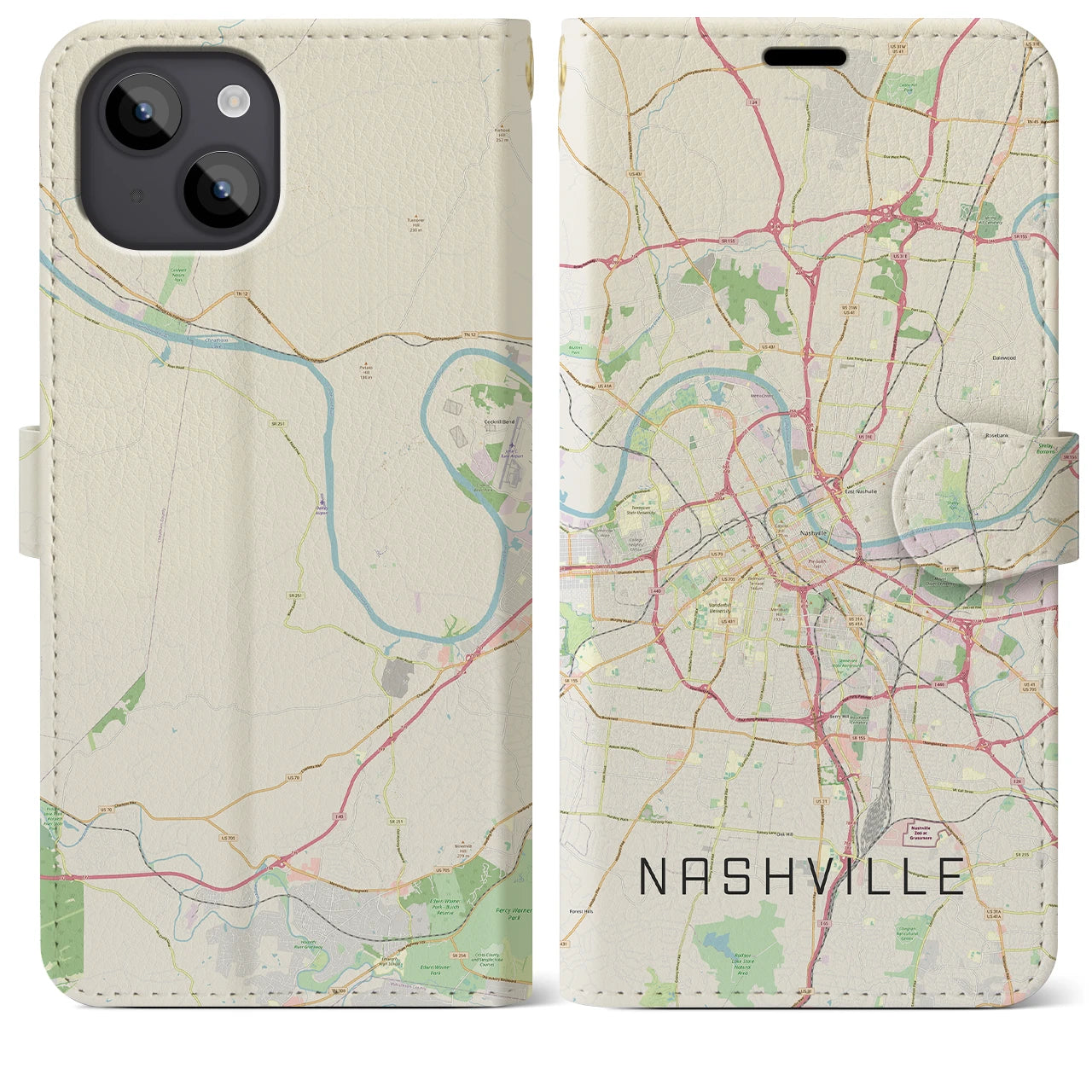 【ナッシュビル(アメリカ)】地図柄iPhoneケース(手帳タイプ)ナチュラル・iPhone 14 Plus 用
