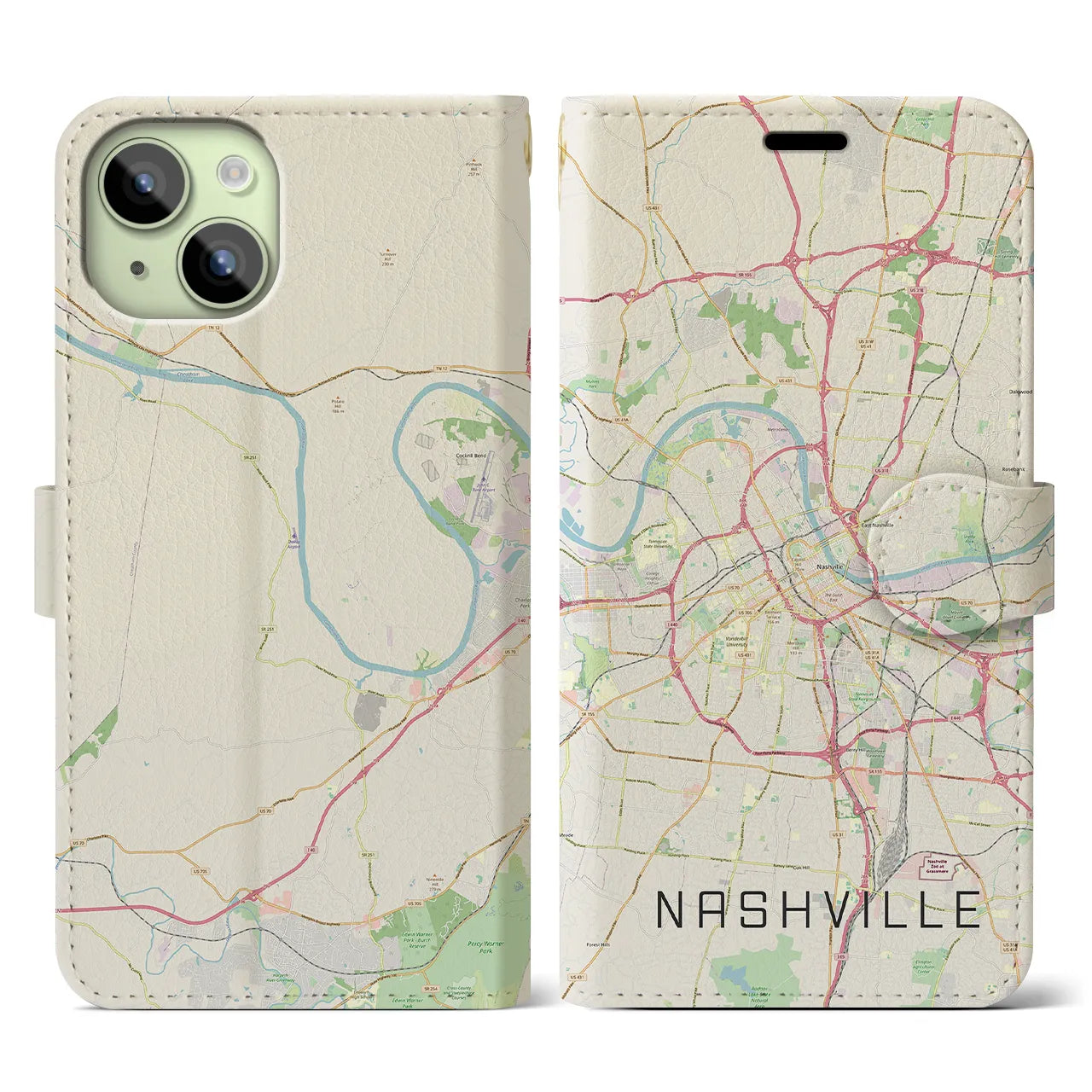 【ナッシュビル(アメリカ)】地図柄iPhoneケース(手帳タイプ)ナチュラル・iPhone 15 用