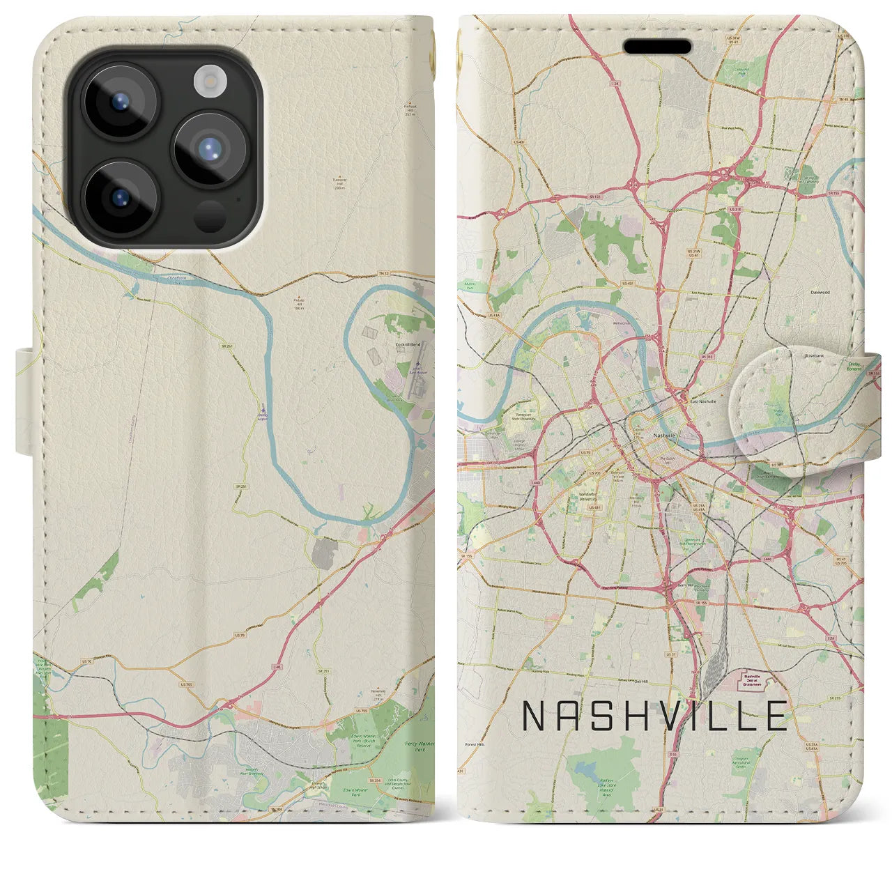 【ナッシュビル(アメリカ)】地図柄iPhoneケース(手帳タイプ)ナチュラル・iPhone 15 Pro Max 用