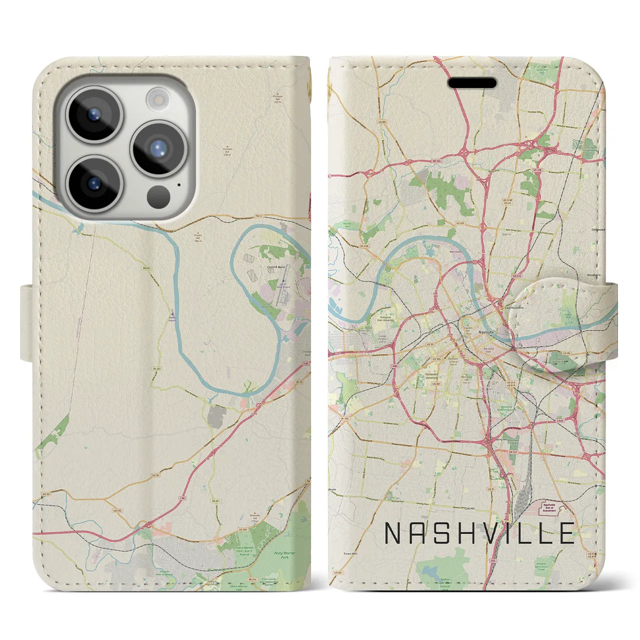 【ナッシュビル(アメリカ)】地図柄iPhoneケース(手帳タイプ)ナチュラル・iPhone 15 Pro 用