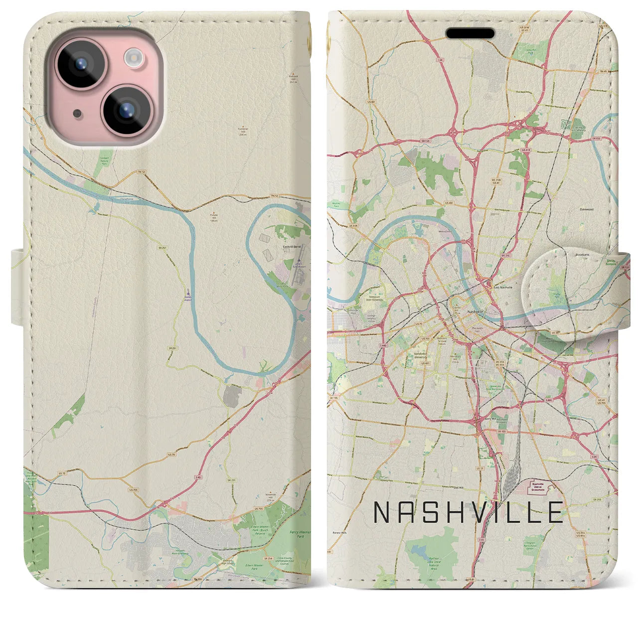 【ナッシュビル(アメリカ)】地図柄iPhoneケース(手帳タイプ)ナチュラル・iPhone 15 Plus 用